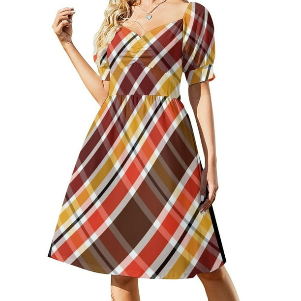 Vestido de verano de manga corta con estampado a cuadros retro brillante de los años 70, vestido de mujer 2025, moda de mujer, vestido de fiesta de lujo para mujer