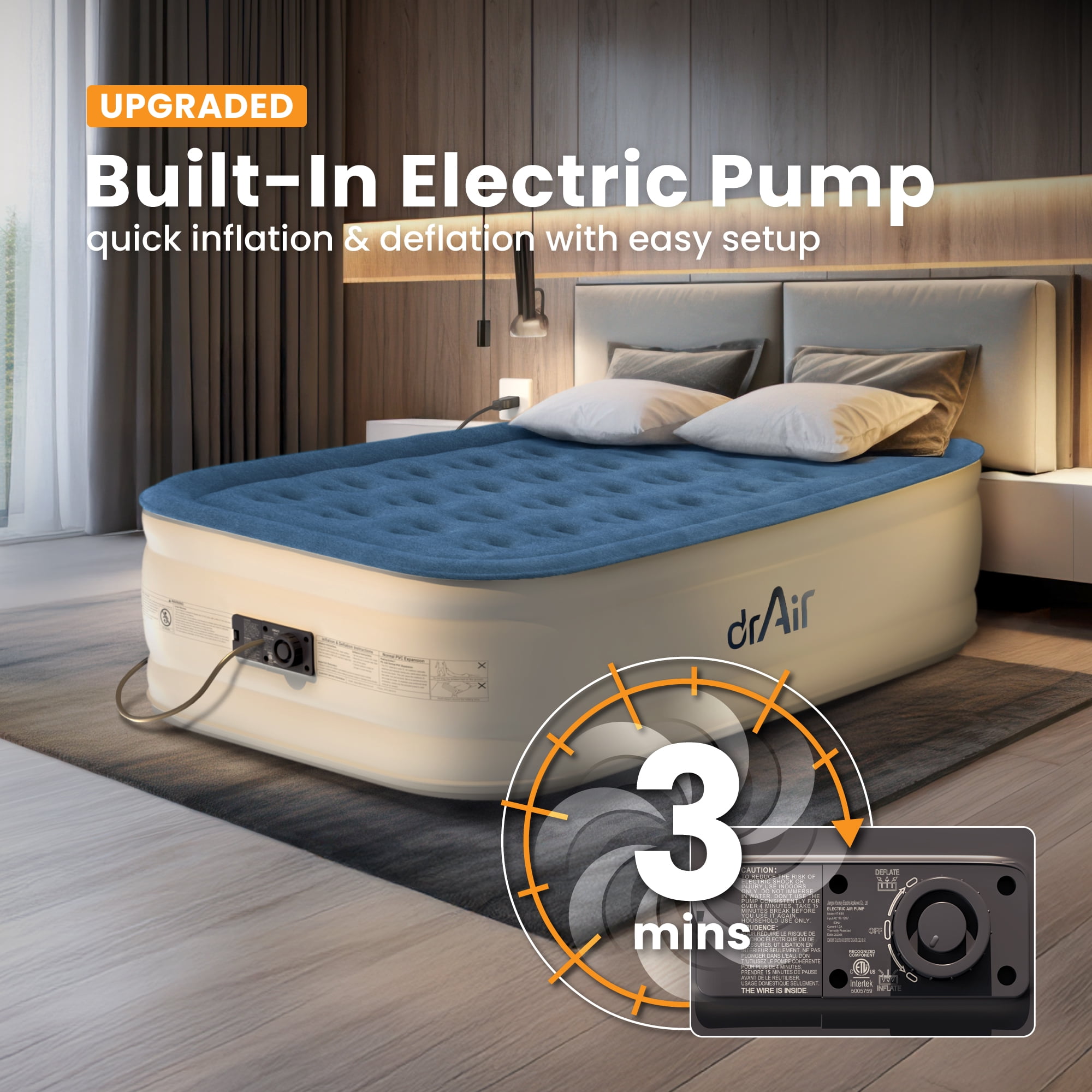 Dr. Air Full Air Mattress, 18” Raised Inflatable Bed with Built-in Pump, Waterproof Velvety Top, Ergonomic Design, Reinforced Support, and Carry Bag for Home, Camping, and Guests