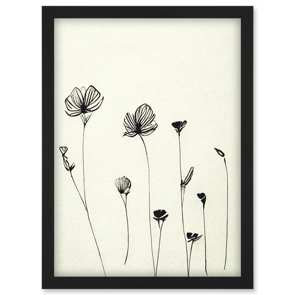 Stylish Minimalist Flower Illustration Line Drawing With Black Ink Artwork Framed Wall Art Print A4