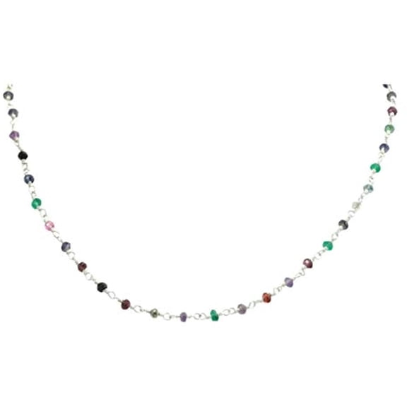 Sterling Silver Multiple Gemstone Necklace Beaded Silvertone Chain Onyx Quartz Amethyst Peridot, 18" Designed for Adult Women