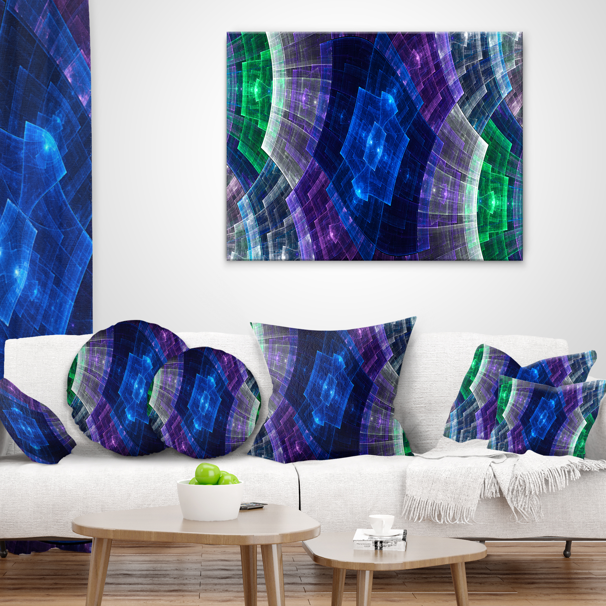 Designart Blue and Green Fractal Flower Grid - Abstract Throw Pillow - 18x18