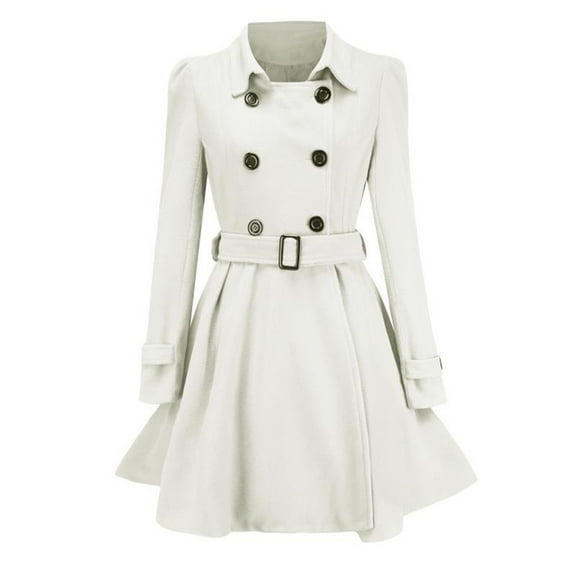 Herrnalise Women's Double Breasted Pea Coat Winter Mid-Long Trench Coat with Belt White,XXL