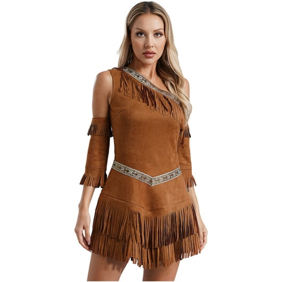 YiZYiF Womens Halloween Ancient Greek Warriors Dress with Fringe Sleeves Fancy Party Cosplay Costume Brown 4XL