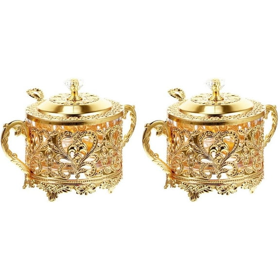 Kichvoe Sugar Bowl, 2 Sets Turkish Sugar Bowl with Lid and Spoon Condiment Pots Seasoning Box Golden Embossed Saltbox Glass Candy Jar Coffee Bar Accessories