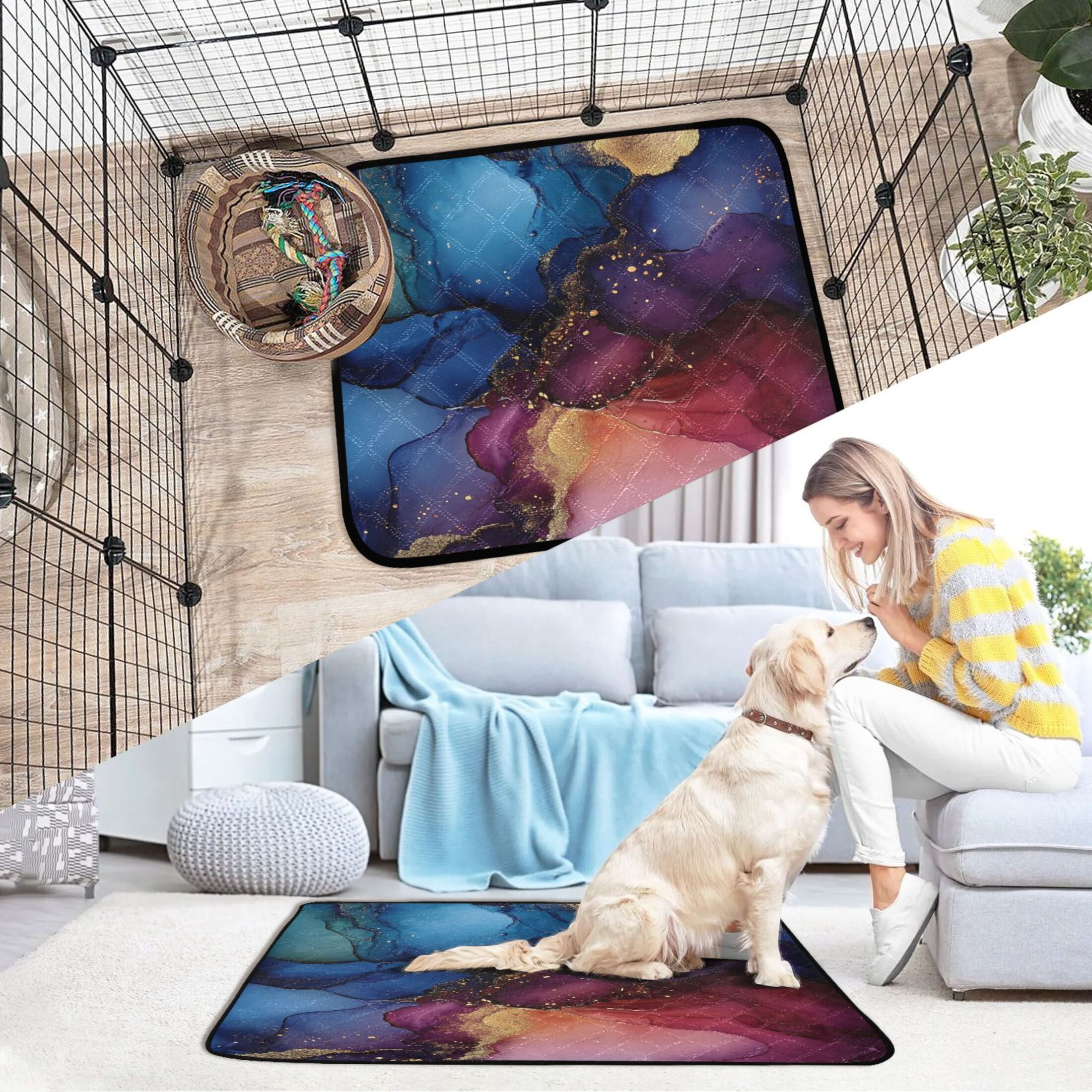 Qxltty Blue Gilt Marble Cat litter Pads Pet Set of 2 Diaper Mats Center Anti-leakage Layer Absorbent Soft and Comfortable