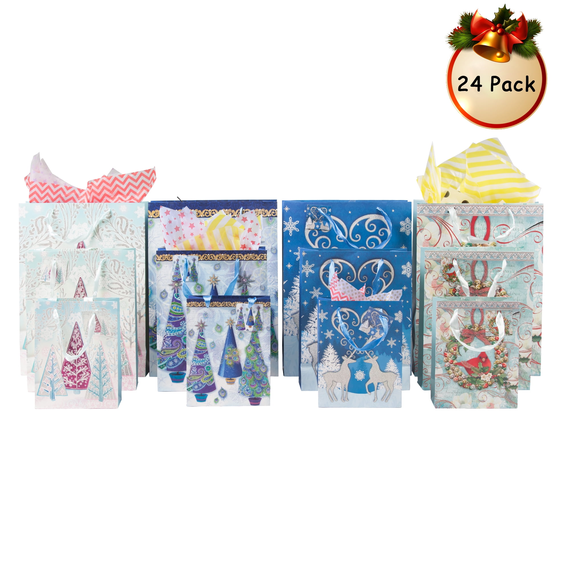 Bright Creations 24 Pack Christmas Gift Wrap Bags With Tissue Paper, 4  Designs (8 X 10 X 4.7 In) : Target