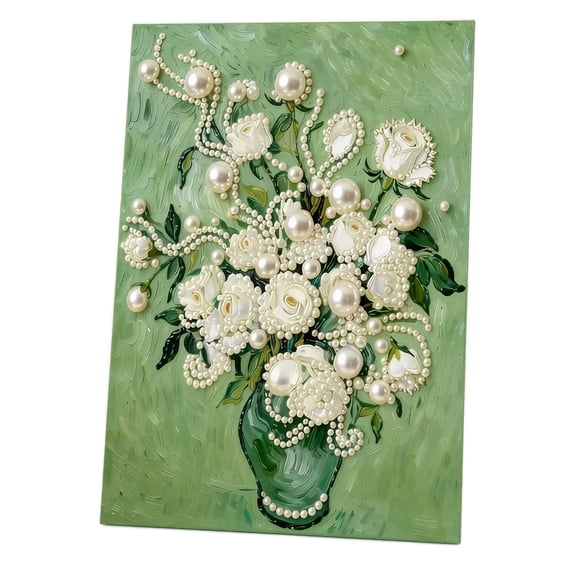 Floral Wall Decor 3D Textured Painting Pearl Embellished Art Adult Craft Gift for Mothers Day Green Rose Decor Wall Hanging Art
