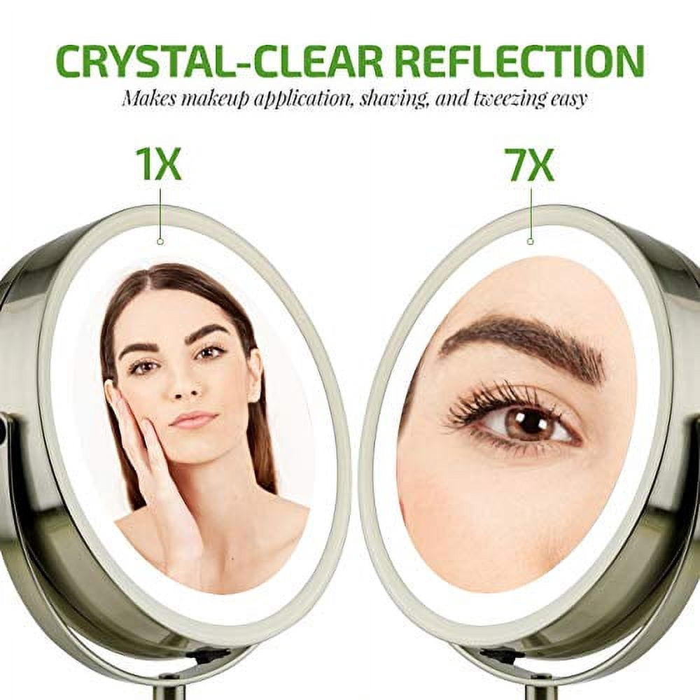 Ovente LED Lighted Tabletop Cosmetic Mirror, 7 Inch, Dual-Sided 1x/7x Magnification, Rechargeable & Wireless, Nickel Brushed (MCTR70BR1X7X)