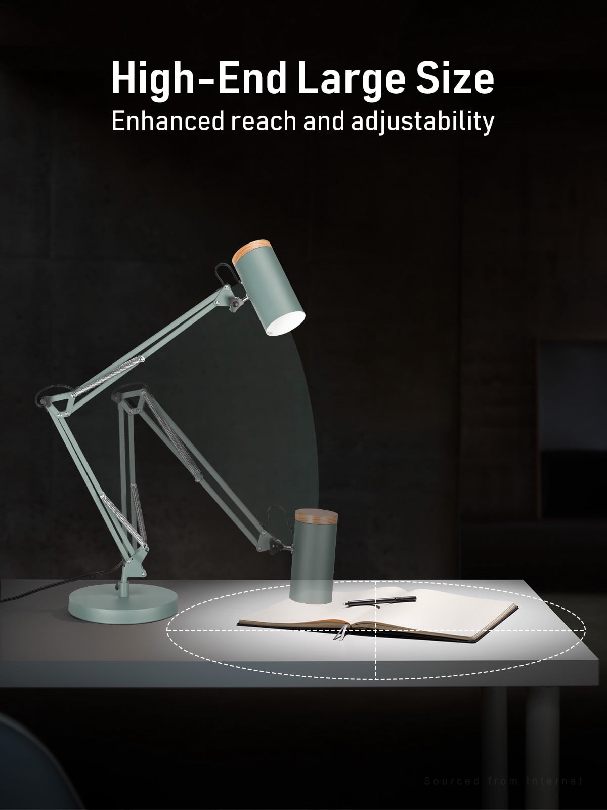 2 Pack Adjustable Metal Table Lamp, Large Size Max Height 29.7", E26 Base, Swing Arm Desk Light with Wooden Accent, Dark Green