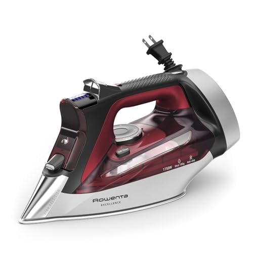Rowenta, Plancha de vapor Focus Excellence con suela de acero inoxidable, cable retráctil, más de 400 microorificios de vapor, vapor potente, pantalla LED, 1750 W, carrete, color rojo DW5433