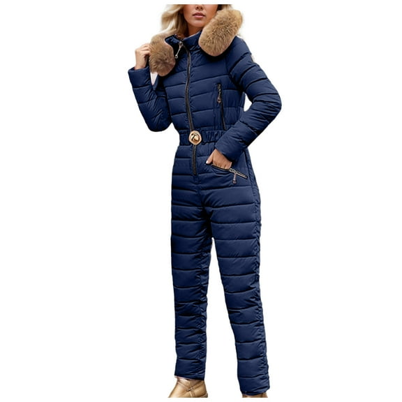 SRZYMJ Formal Jumpsuit for Women Stylish Women's Hooded Jumpsuit with Large Collar Korean Design Slim Fit Insulated Winter Ski Suit for