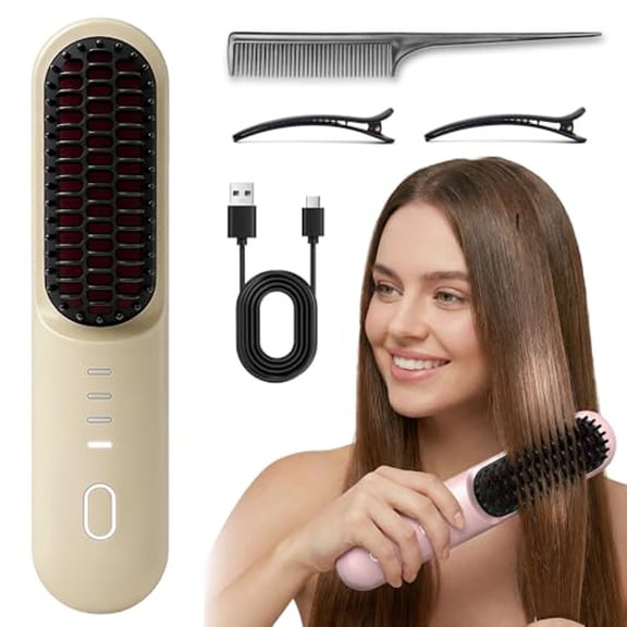 Homemoh Hair Brush for Short Hair, 4000mAh Cordless Numoya Go Brush Pro, 30s Rapid Heating, 4 Temp Settings (140-200°C) Hair Straightener Brush (Beige)