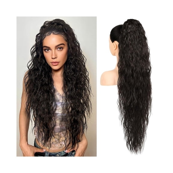 36 Inch Long Drawstring Ponytail Extension Synthetic Lightweight Natural Wavy Fake Pony Tails Multi Layered Hairpiece