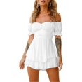 thumbnail image 3 of Vestido con volantes y hombros descubiertos, mameluco con cuello cuadrado y mangas abullonadas para mujer, vestido con vuelo de playa fluido en capas ahumadas, 3 of 5