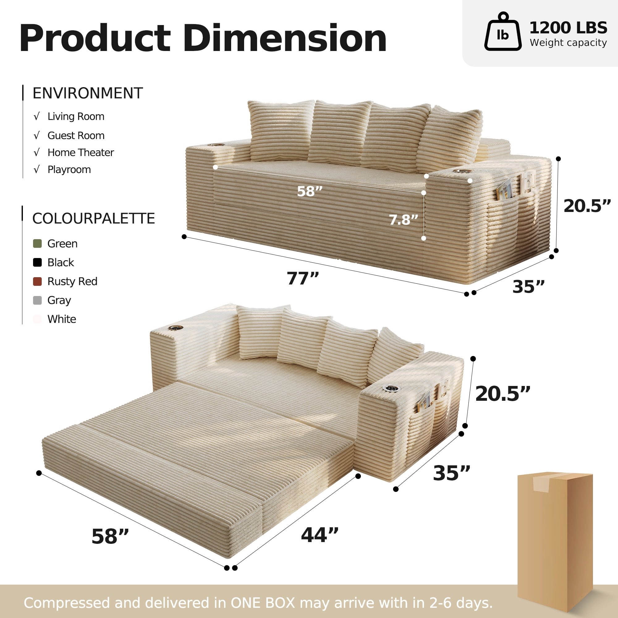 GARITIN Frameless Teddy Couch Bed 77 Inch, Boneless Corduroy Convertible Sofa with Cup Holders and Side Storage for Living Room, Cream