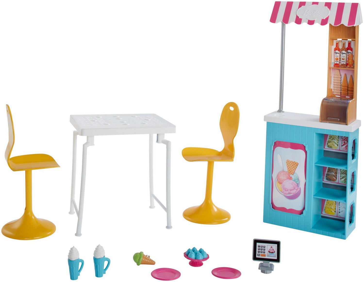 ​Barbie Ice Cream Cafe Playset with Barbie Doll and Chelsea Doll, Store Frame, Table, 2 Chairs and Food Accessories for Kids 3 to 7 Years Old