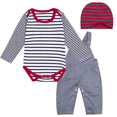 

Inevnen Baby Boys 3Pcs Set Striped Button Closure Romper Suspender Jumpsuit+ Beanie Hat