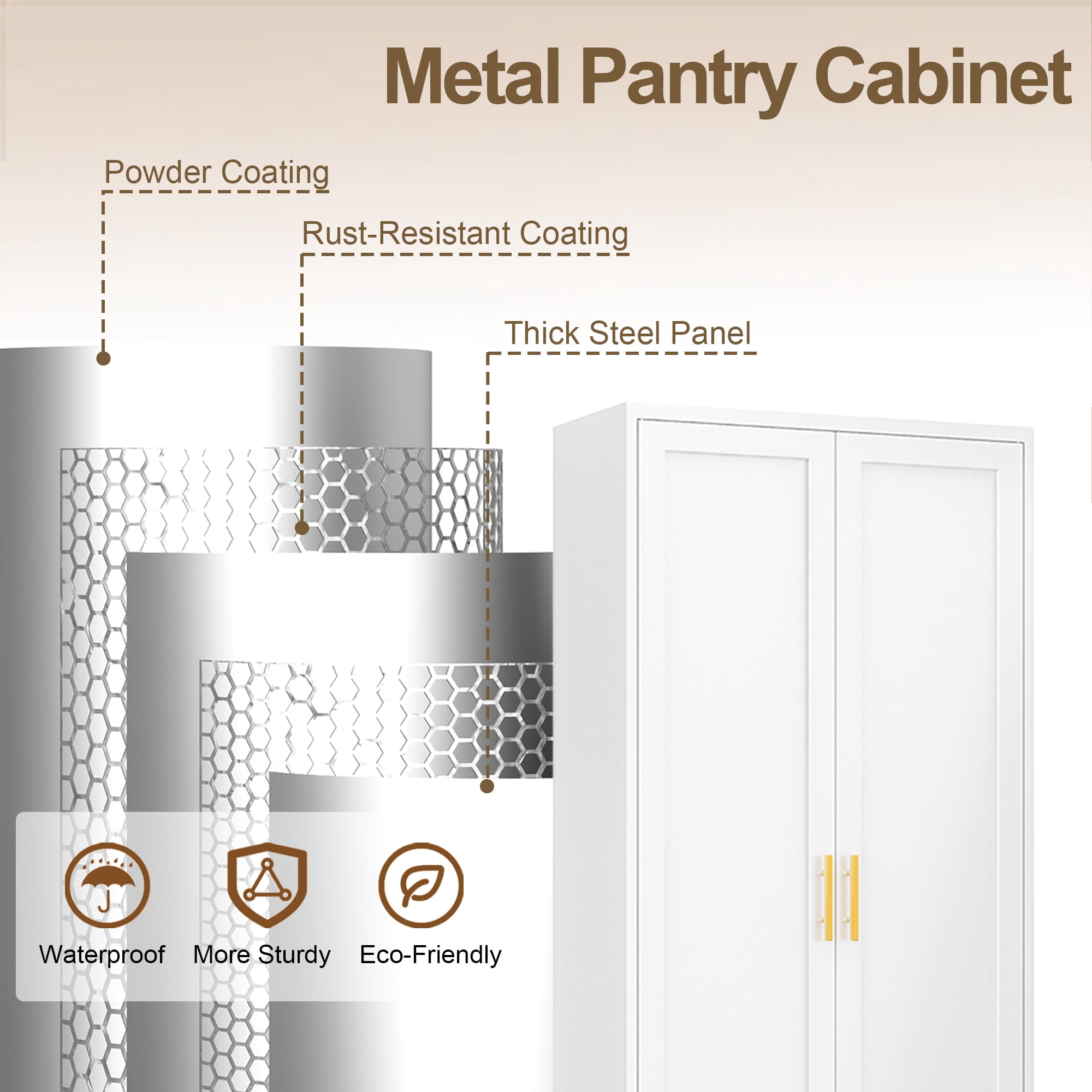 71" Tall Kitchen Pantry Cabinet, Metal Kitchen Pantry Storage Cabinet with Drawer and 2 Adjustable Shelves , Freestanding Pantry Cupboard for Living, Dining Room, White