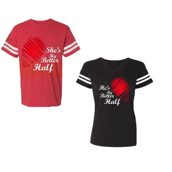 He she is My Better Half Unisex Couple Matching Cotton Jersey style T-Shirt Contrasting stripes on sleeves (Men Red / Women Black) (Men S / Women S)