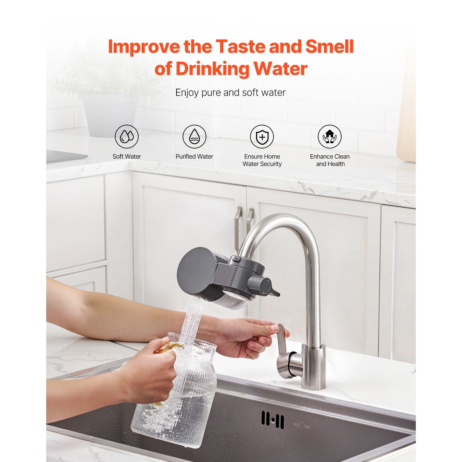 Faucet Mount Water Filter, Horizontal Water Purifier for Sink Tap, Carbon Fiber Filters, Removes Chlorine Lead with 1 Filter, Fits Most Kitchen or Bathroom Faucets, Gray