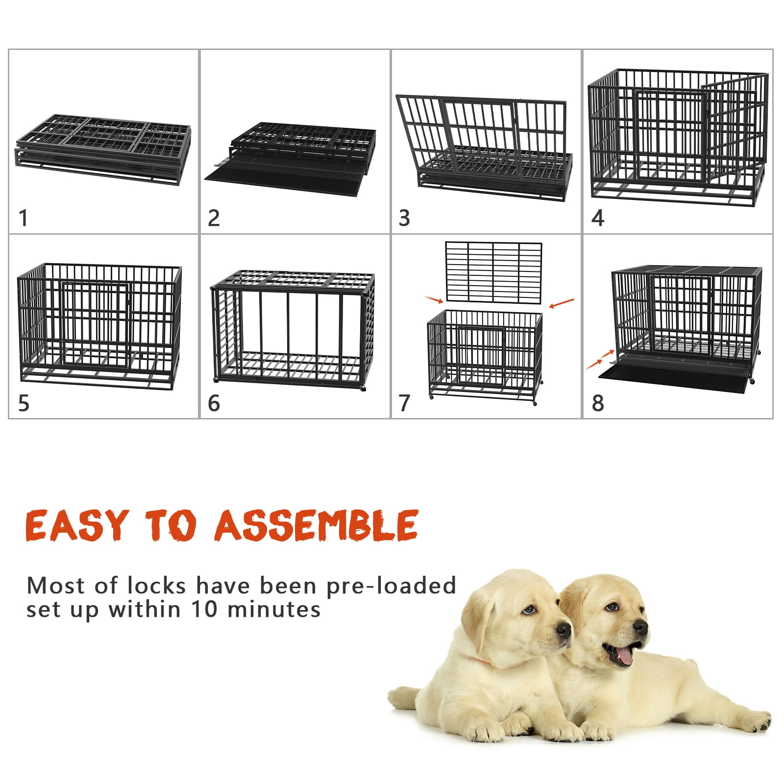 Waleaf 48 inch Heavy Duty Dog Crate, Indestructible Dog Cage Kennel for High Anxiety Dog, Escape Proof & Sturdy Locks Design, Extra Large Crate Indoor with Double Door and Removable Tray