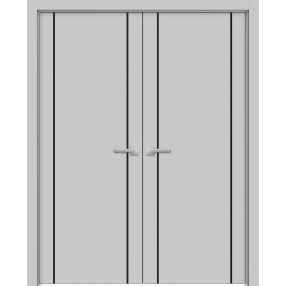 Solid French Double Doors 36 x 80 inches | Planum 0016 Grey Matte with Frosted Glass | Wood Solid Panel Frame Trims | Closet Bedroom Sturdy Doors