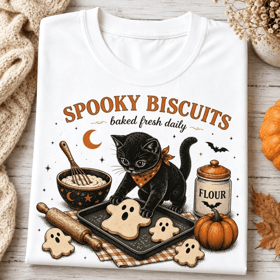 Women's Halloween Spooky Biscuits Cat Print T-Shirt, Casual Round Neck Short Sleeve Tee For Fall Celebrations