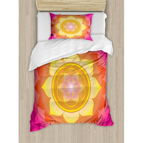 Lotus Duvet Cover Set, Mandala with Planet Cosmos Galaxy Themed Graphic Art Print, Decorative 2 Piece Bedding Set with 1 Pillow Shams, Twin Size, Hot Pink Yellow Red, by Ambesonne