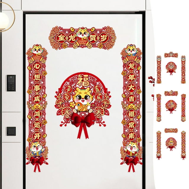 Set de decoraciones para el Año Nuevo Chino - Pareados de papel rojo, pegatinas de Fu para la decoración del hogar del Festival de Primavera, 16x88cm