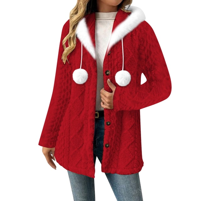 AUNVITO Women's Fleece Hooded Jacket Cozy Double-Sided Plush Long Sleeve Casual Outerwear for Fall Winter