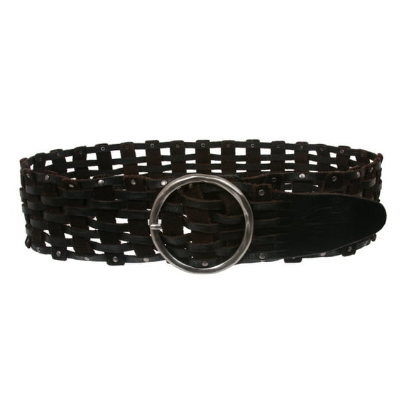 Women's 3" Wide Perforated Waist Braided Woven Solid Vintage Leather Round Belt