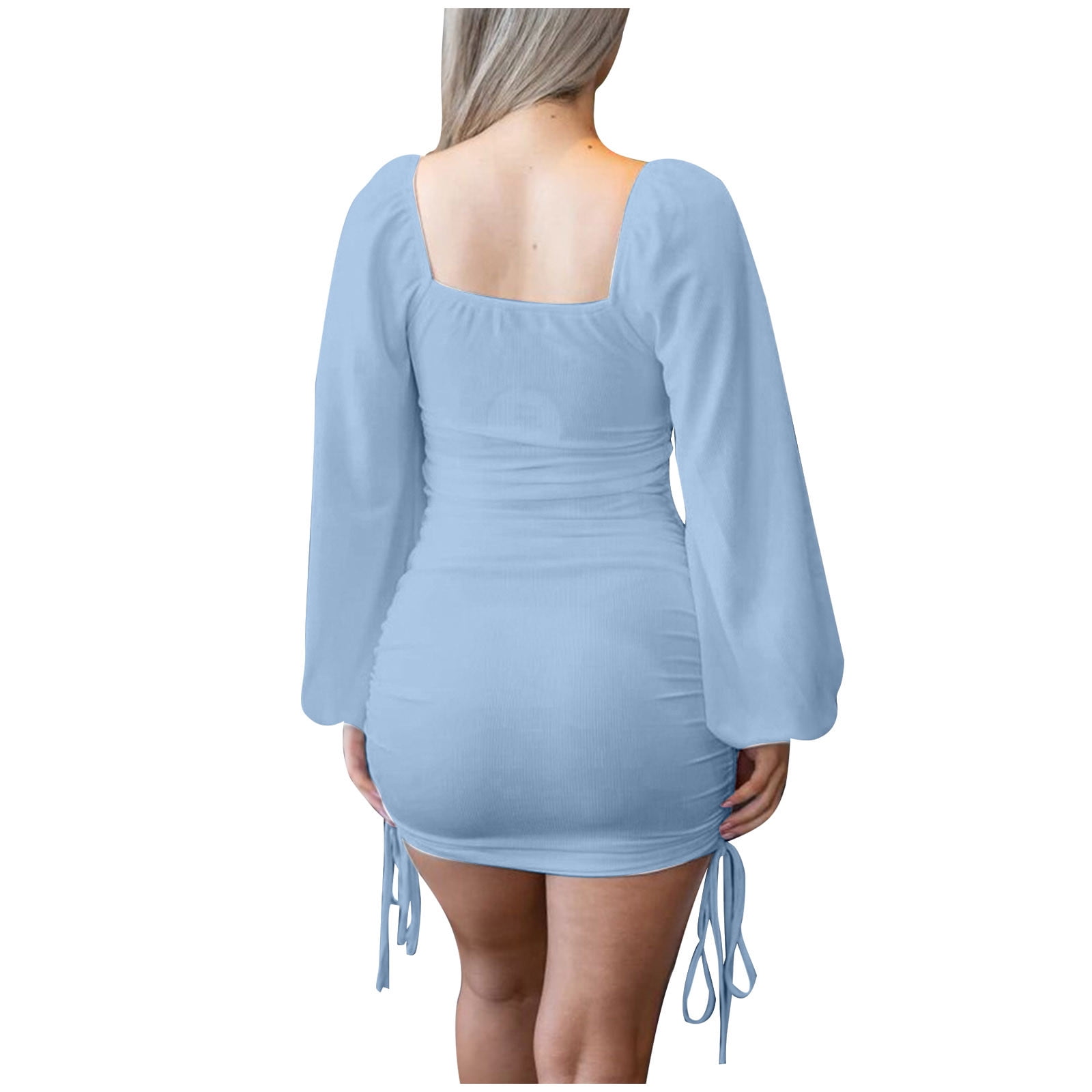 Blue Ribbed Long-sleeve Ruched Drawstring Mini Bodycon Dress for Mom and Me
