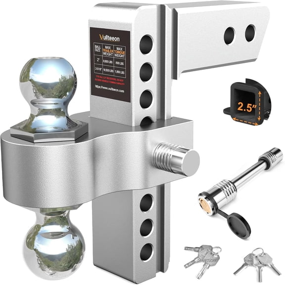 ZHIBO 2.5" Receiver Adjustable Ball Mount, 8" Drop, Dual Ball 2" & 2-5/16", 18,500 lbs GTW
