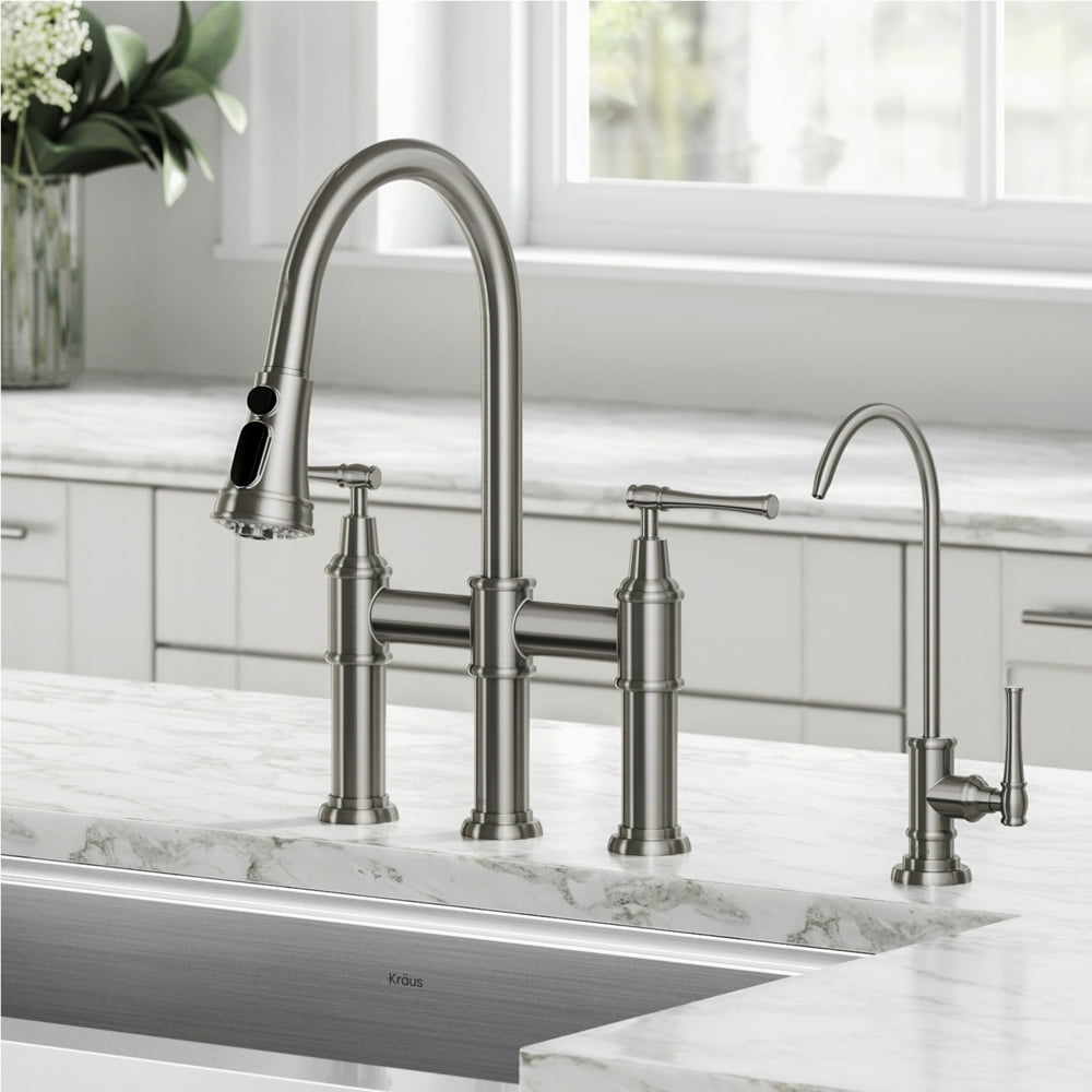 KRAUS Allyn Transitional Bridge Kitchen Faucet and Water Filter Faucet