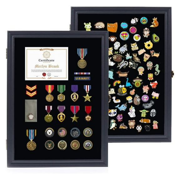 Winbold Pin Display Case with Anti-Theft Locking, Military Shadow Box, Black, 14'' x 19''