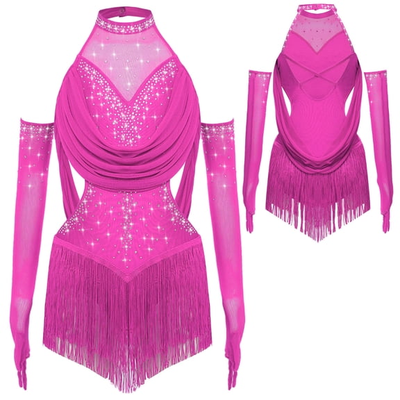 iiniim Latin Dance Dress for Girls Sparkly Tassel Fringe Skirt with Gloves Ballroom Salsa Tango Lyrical Hot Pink 8