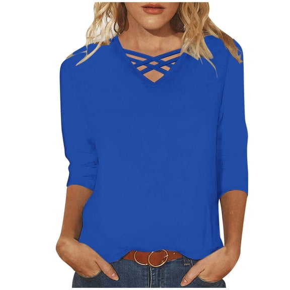 Lovskoo Summer Tops for Women 2024 V Neck 3/4 Sleeve Solid Color Trendy Casual Top Blue
