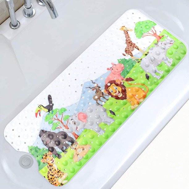 Alfombrilla de baño antideslizante de 100 x 40 cm, alfombrilla de bañera antideslizante con 200 ventosas de PVC, alfombrilla de ducha con dibujos de animales marinos para niños y bebés (zoo)