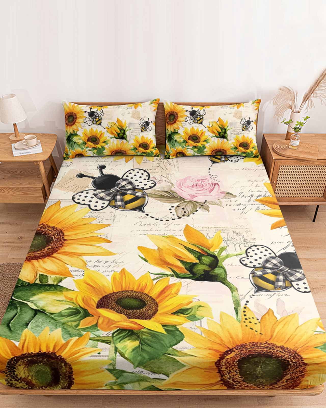 Twin Sze Fitted Sheet Set - Sunflower Farmhouse 2 Piece Bedding Sets 16" Deep Pocket Fitted Sheet with 1 Pillowcase, Spring Summer Vintage Floral Bee Brushed Microfiber Hotel Luxury Bed Sheets