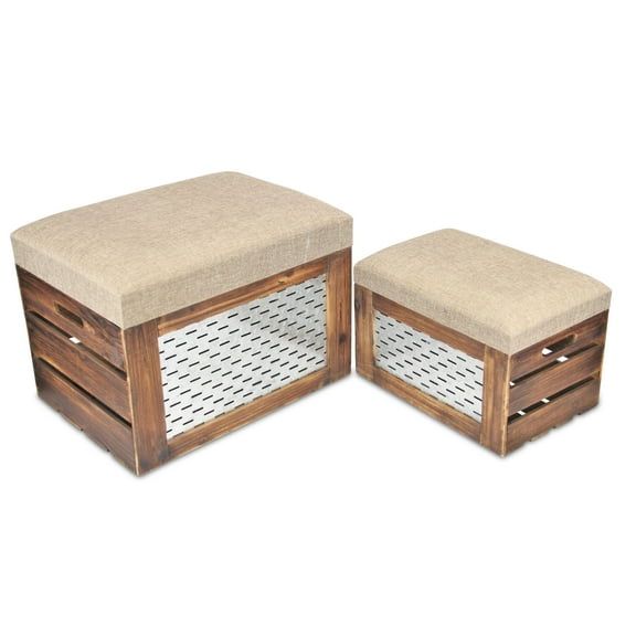 Contemporary Home Living Set of 2 Brown and Beige Cushioned Wood Storage Benches with Interior