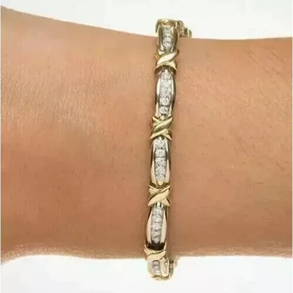 Bracelet Tennis Women White Cut Round Ct 9 Plated Gold Yellow 14k