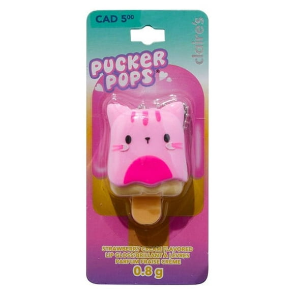 Claire's Pucker Pops Lips Gloss Pink Kitty Cat, Strawberries and Creme Flavored Gloss, 0.8g