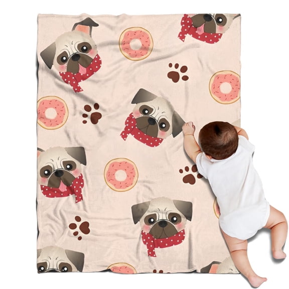Pug and Donut Blanket,Comfortable Soft Flannel Throw Blanket,All Season,Warm Lightweight Blankets for Sofa Bed Couch Living Room Chair,30"x40"(80x100cm)