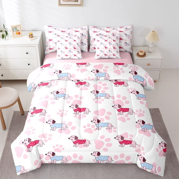 Homewish Kawaii Dachshund Animal 7-Piece Twin Bedding,Pink Dog Paw Print Bedding Comforter Set,Pink Reversible