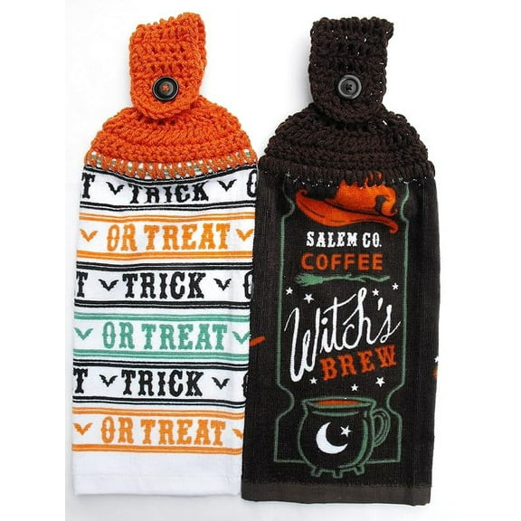 WITCH'S BREW/SALEM CO COFFEE - TRICK OR TREAT - 2 HANDMADE CROCHET TOP HANGING KITCHEN TOWELS