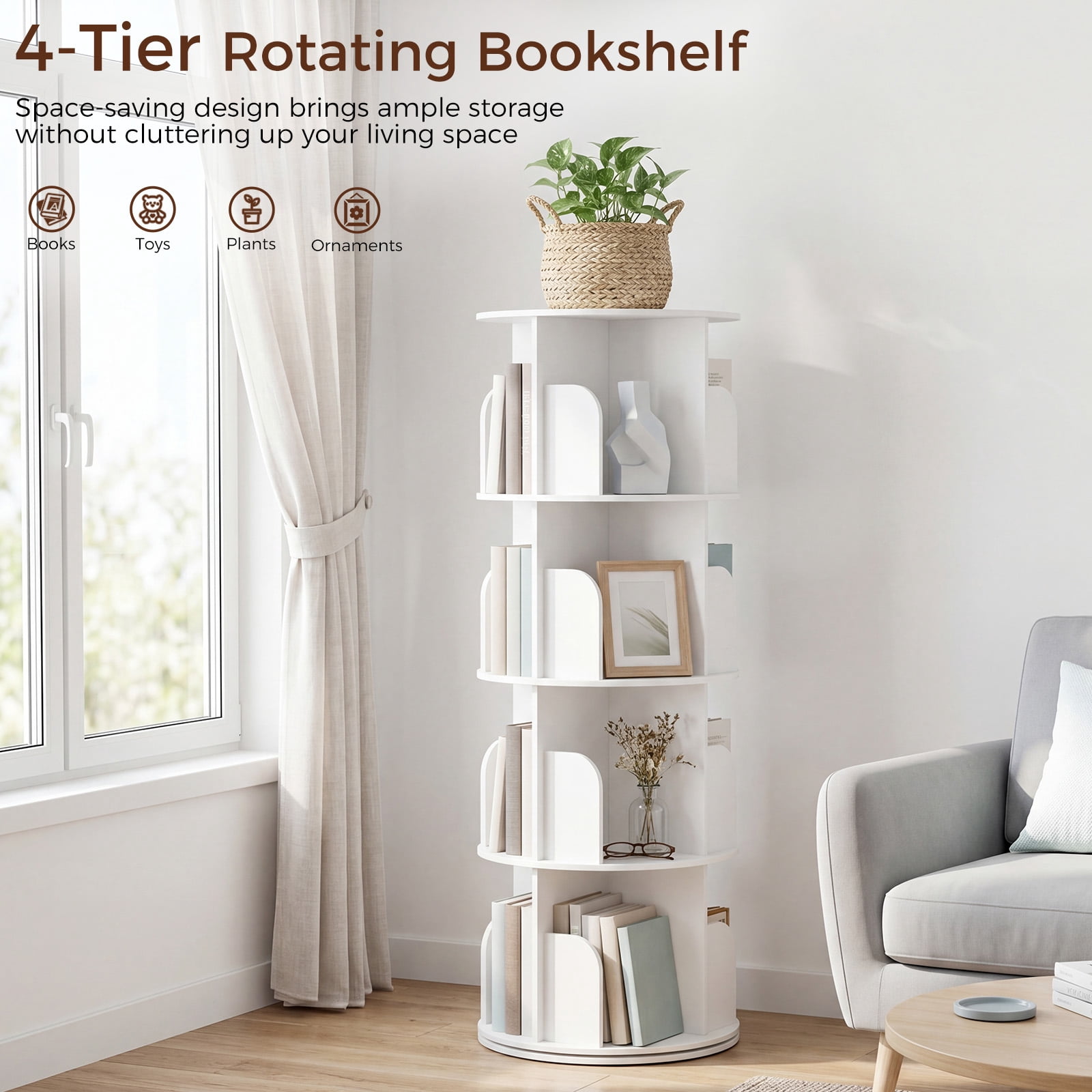 CONCETTA 4-Tier Rotating Bookshelf, 360° Spinning Bookcase with Safety Guard, Space-Saving PVC Storage for Bedroom, White