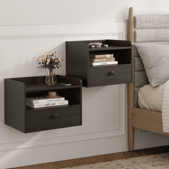 Vabches Ensemble de 2 Tables de Chevet Flottantes avec Station de Recharge, Table d'Appoint Murale avec Tiroir de Rangement et Casier à Étagère Ouverte pour Chambre, Noir