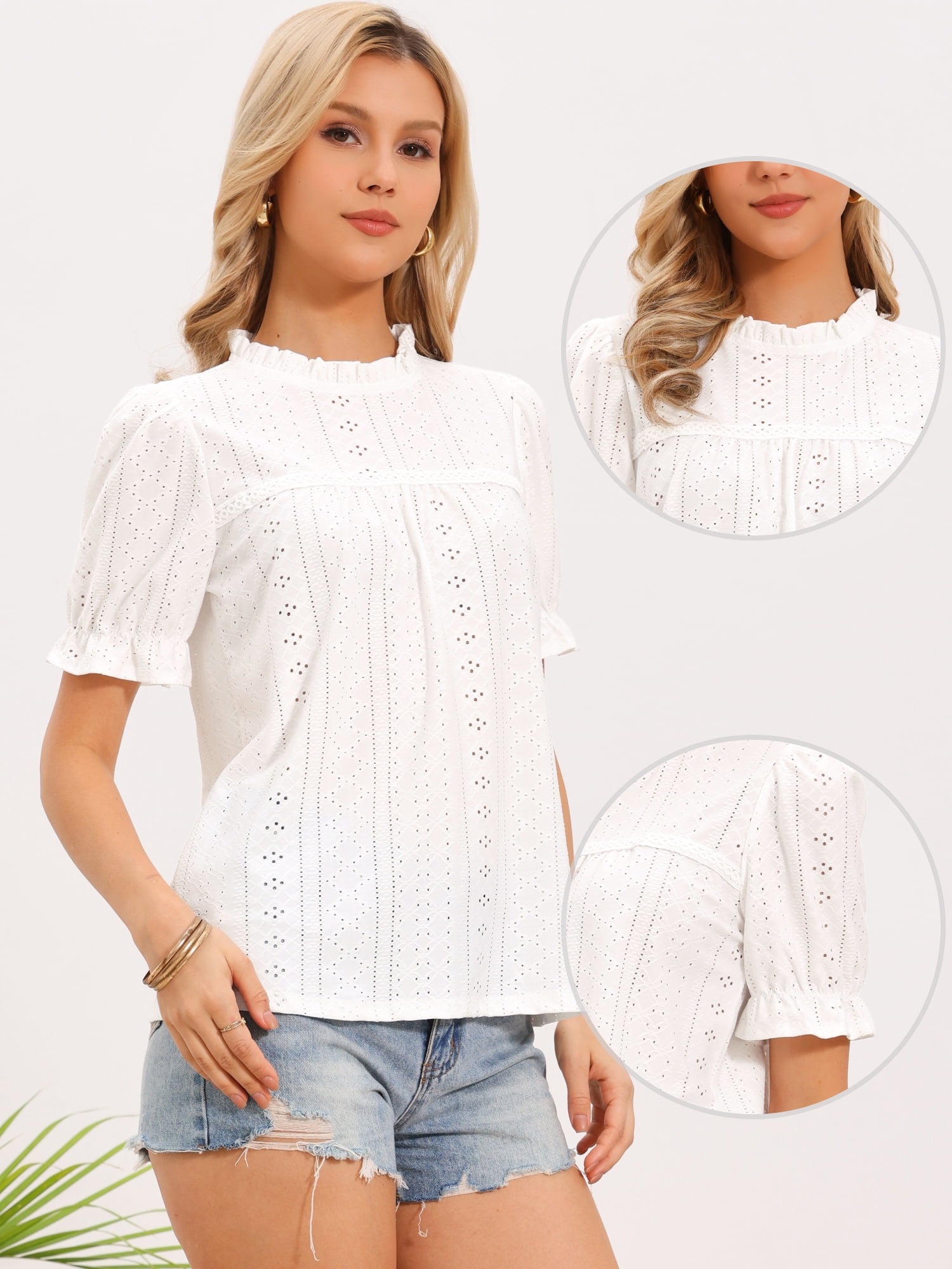DARING DIVA Women's Embroidered Eyelet Casual Hollow Out Ruffled Collar Blouse S White