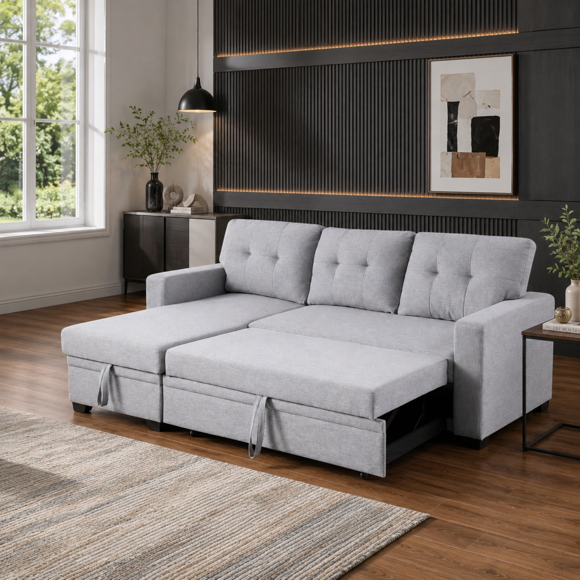 BSHTI 82" 3-Seat Linen Pull Out Sectional Sleeper Sofa with Storage Chaise, Removable Back Cushions for Living Room（Light Gray）