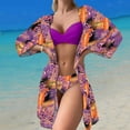 thumbnail image 3 of sunsanly 3Pcs/Set Spaghetti Strap Backless Bikini Cover Up Set Solid Color Bra Leaves Print Briefs Long Sleeve Cardigan Set Beachwear, 3 of 8